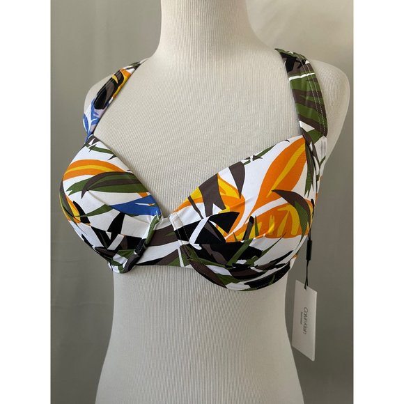 Calvin Klein Multi-Color Tropical Print Adjust Criss Cross Tie Back Bikini Top - Picture 2 of 11